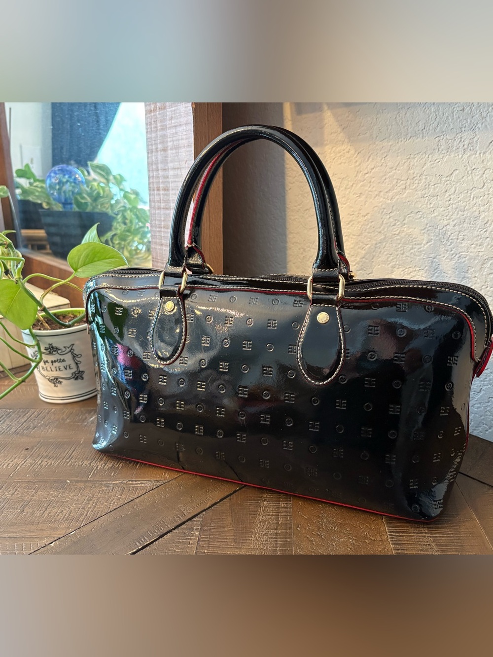Arcadia Black Patent Satchel with Red Trim